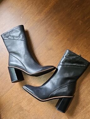 Franco Sarto Black Leather Mid-Calf Block Heel Boots